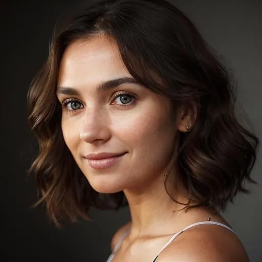 Prompt: Photorealistic, HD, approachable, innocent, mid 30s, girl-next-door, shoulder length curled brunette hair, triangle symmetrical face, natural look, sardonic smile, detailed eyes, professional lighting, realistic style, warm tones, SFW