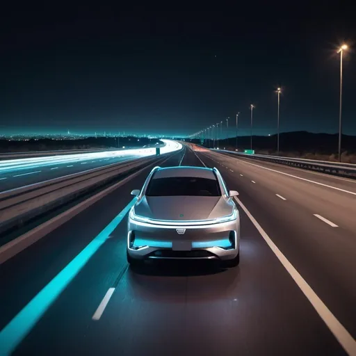 Prompt: a futuristic self-driving 
car driving on a highway at night seen from a distance