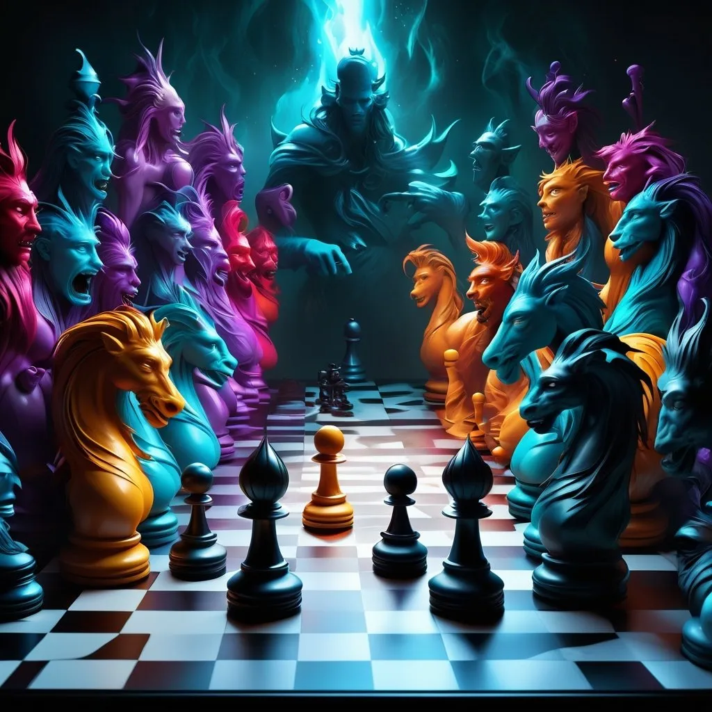 Prompt: Stunning chessboard with fantastical, moody, groovy, noisy chess pieces with moody, characterized faces epically being animated and making moves on their own. Incredible composition, vivid colors, cinematic, 32k maximalist,  epic, unreal engine 5, CGSociety,  concept art,  intricate details,  high contrast,  fantasy,  hyperrealistic, by Alberto Seveso,  Cyril Rolando,  Dan Mumford, dynamic lighting, heavenly, epic.