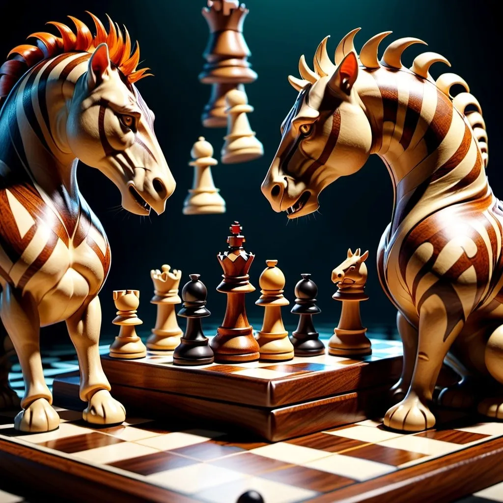 Prompt: A 3D animation of a chessboard springs to life with fantasycore, moody, groovy, noisy and polychromatic chess animals, all coming alive and engaging in an epic battle. 32k maximalist,  epic, unreal 5, CGSociety,  concept art,  intricate details,  high contrast,  fantasy,  hyperrealistic 