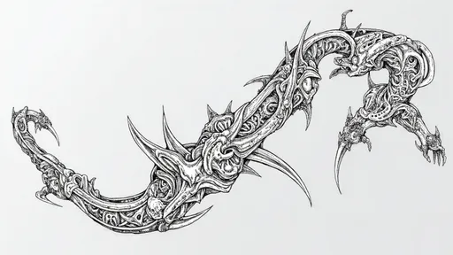 Prompt: Asian dragon claw with long curved talons on the right edge, transforming into a grotesque biomechanical organic structure. Fusion of bones, exposed tendons, spinal curves, sharp thorns, and mechanical ligaments. Dark gothic horror aesthetic. Twisting motion, aggressive flow, asymmetrical composition. Hyper-detailed texture, black and grey tattoo design, high contrast shading, intricate linework, white background.