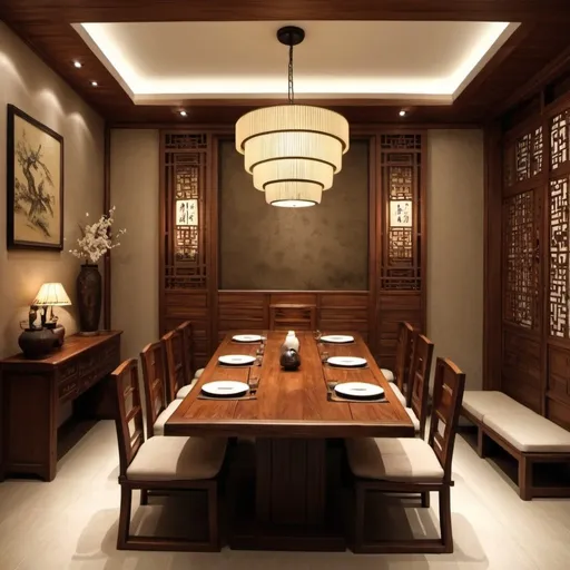 Prompt: cree moi une salle de restaurent 
un peux plus chique avec des decor asiatique un peux plus francais encore plus francais un peux plus grand avc plusieur table plusieur table


