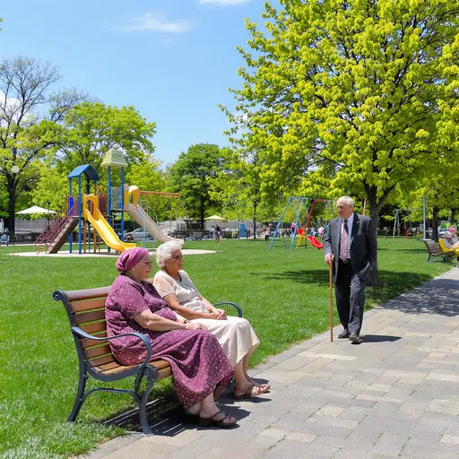 Prompt: Two elderly women are sitting in the park. One has a headscarf. The other woman has her head uncovered. An elderly man walks with a cane. The walkway should be paved with interlocking stones, the grass green, and the sunny blue sky. There should be a slide and a swing in the background. The tree should be smaller, and the sky should be more visible.