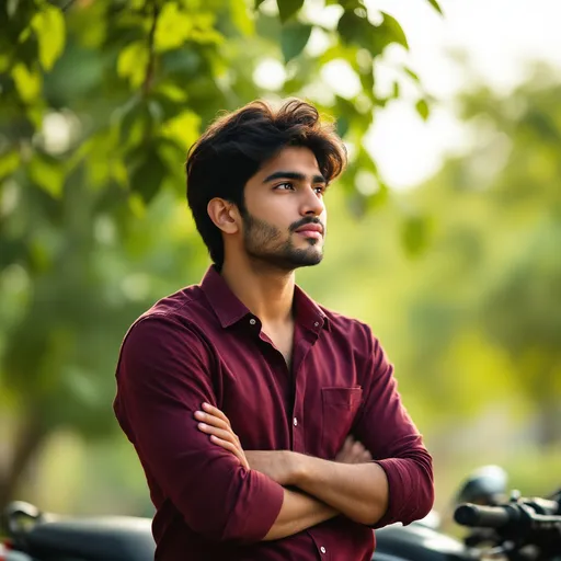 Prompt: A young man stands confidently next to a motorcycle, exuding a sense of contemplation and poise. Dressed in a deep maroon shirt with rolled-up sleeves, he gazes thoughtfully into the distance, his well-groomed hair catching the soft light. The background features lush greenery, indicating an outdoor setting that suggests a relaxed, tranquil day. The composition beautifully highlights his figure and expressive demeanor, while the blurred foliage adds a layer of depth, emphasizing both the subject and the serene environment. Overall, the scene conveys a mood of youthful introspection amidst a backdrop of natural beauty.