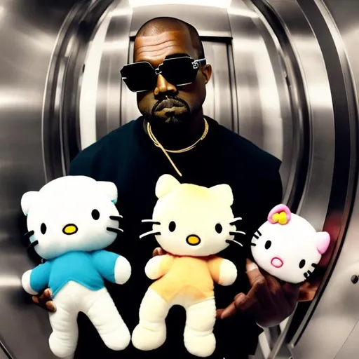 Prompt: kanye west in an elevator holding a cute hello kitty plushie in a fish eye camera 