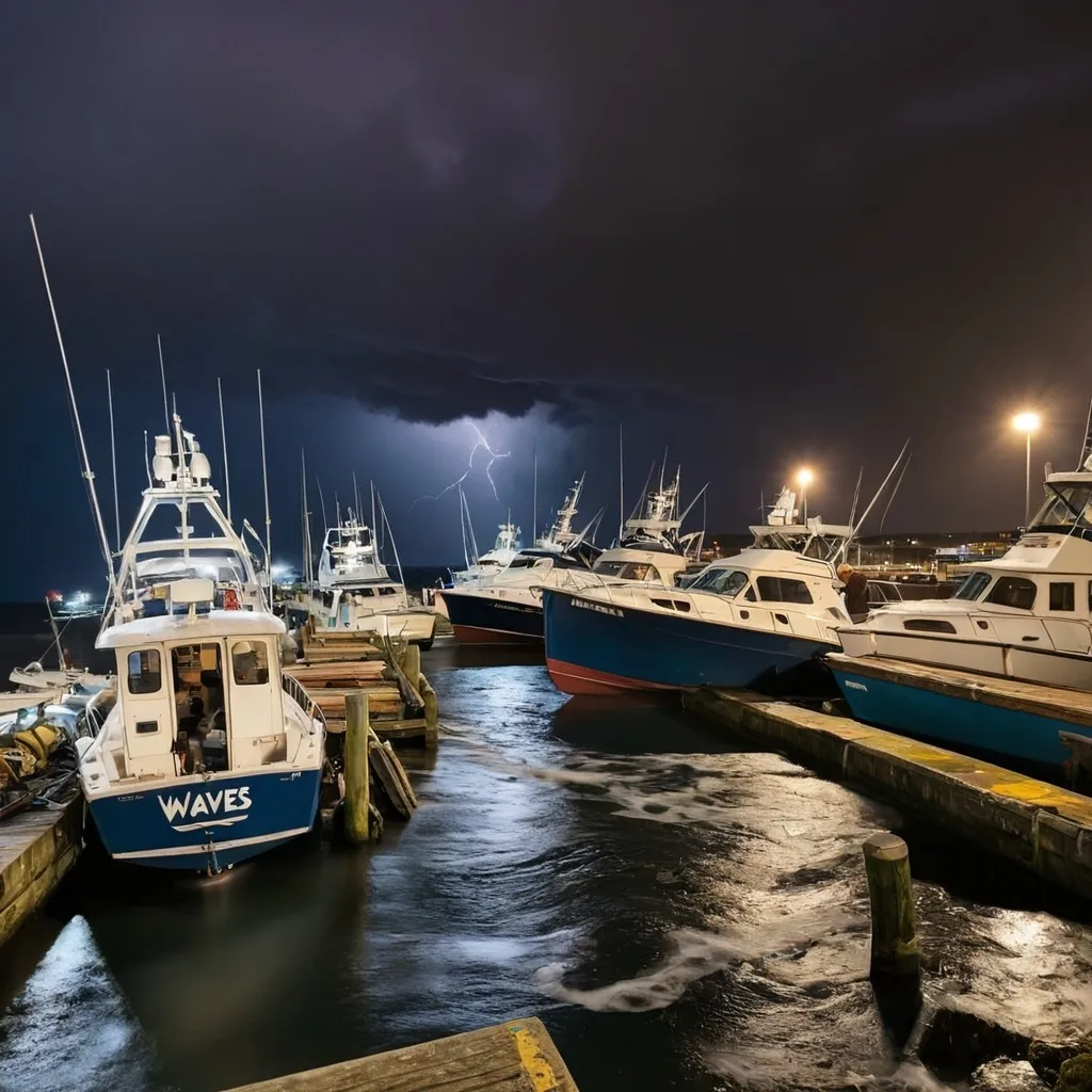 Prompt: Busy dock late at night with lots of boats and a stormy sea in the background. 
Sign in the foreground reading "WAVES"