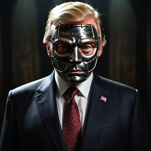 Prompt: Create Image of Donald Trump combined with Hannibal Lecter. Add a title overlay that says " Hannibal says:
VOTE like it means something!"