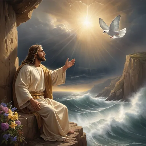 Prompt: Jesus, overlooking raging sea, raging storm in the sky, diving light around his body, crown of thorns, beautiful robe, gold tunic, butterfly, dove, beautiful flowers around cliff, realistic, smooth, scenic, highres, detailed, divine, atmospheric lighting, serene, dramatic clouds, ethereal glow, majestic, sacred, spiritual, beautifully detailed, traditional art style, warm tones, divine presence, intricate details, peaceful ambiance
