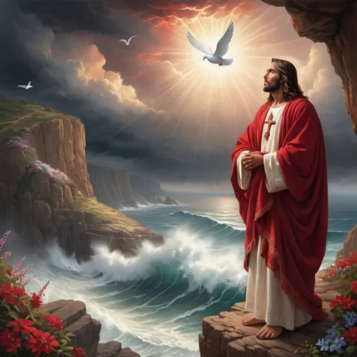 Prompt: Jesus, overlooking raging sea, raging storm in the sky, diving light around his body, crown of thorns, beautiful robe, scarlet tunic, butterfly, dove, beautiful flowers around cliff, realistic, smooth, scenic, highres, detailed, divine, atmospheric lighting, serene, dramatic clouds, ethereal glow, majestic, sacred, spiritual, beautifully detailed, traditional art style, warm tones, divine presence, intricate details, peaceful ambiance