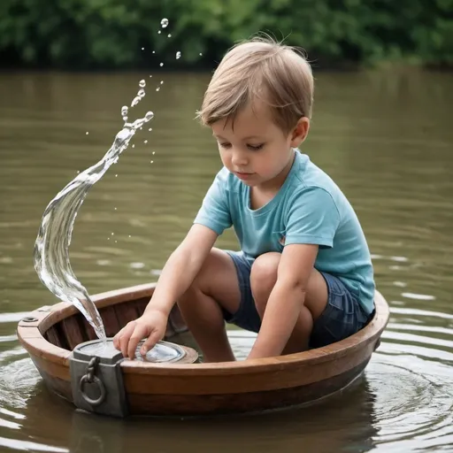 Prompt: créer moi une image qui montre un enfant gaspille de l'eau en jouant avec un bateau et il pense que en avenir peut etre les vrais bateau ne trouveront pas d'eau et qu'un vrai bateau est atterrer sur 
