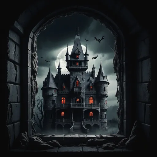 Prompt: dark scary castle with demon in window


