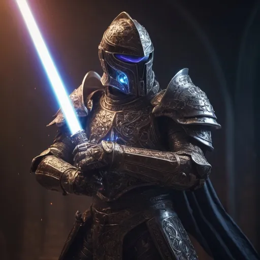 Prompt: Futuristic space knight in medieval-inspired armor, wielding a laser sword, dark fantasy, highres, detailed, futuristic, medieval, space armor, laser sword, templar, dark fantasy, intense lighting, vibrant colours, high detail, particle effect 