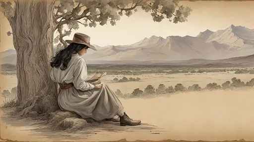 Prompt: cowgirl long dark hair sitting against tree with mountainous back drop, hand sketched torn page from journal, wide frame, wide view, vintage, aged, torn, wild west, western, old west, romantic