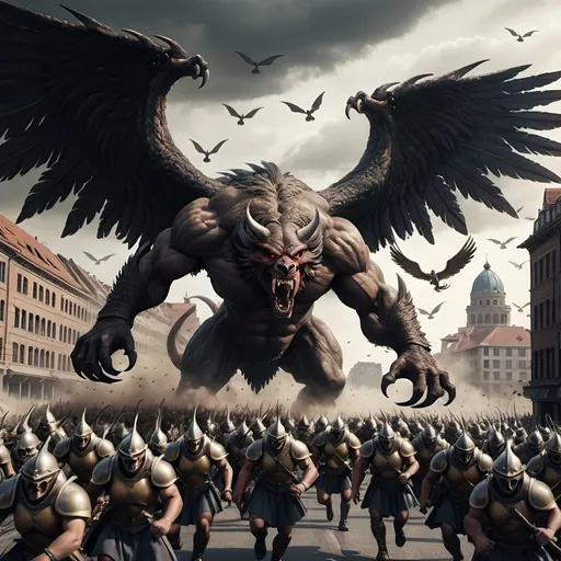 Prompt: Giant Evil Winged beast leading an army attacking a city, Realism style