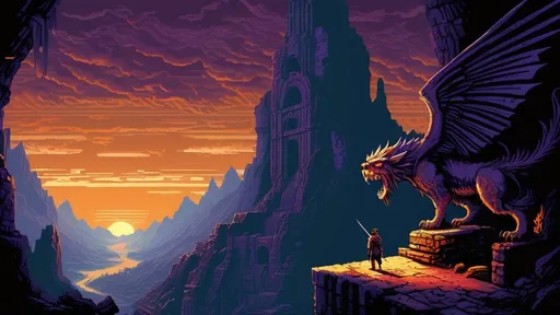 Prompt: adventurer discovering ancient mountain ruins, retro painting, 1980s dark fantasy, retro arcade, detailed pixel art, atmospheric lighting, winged beast