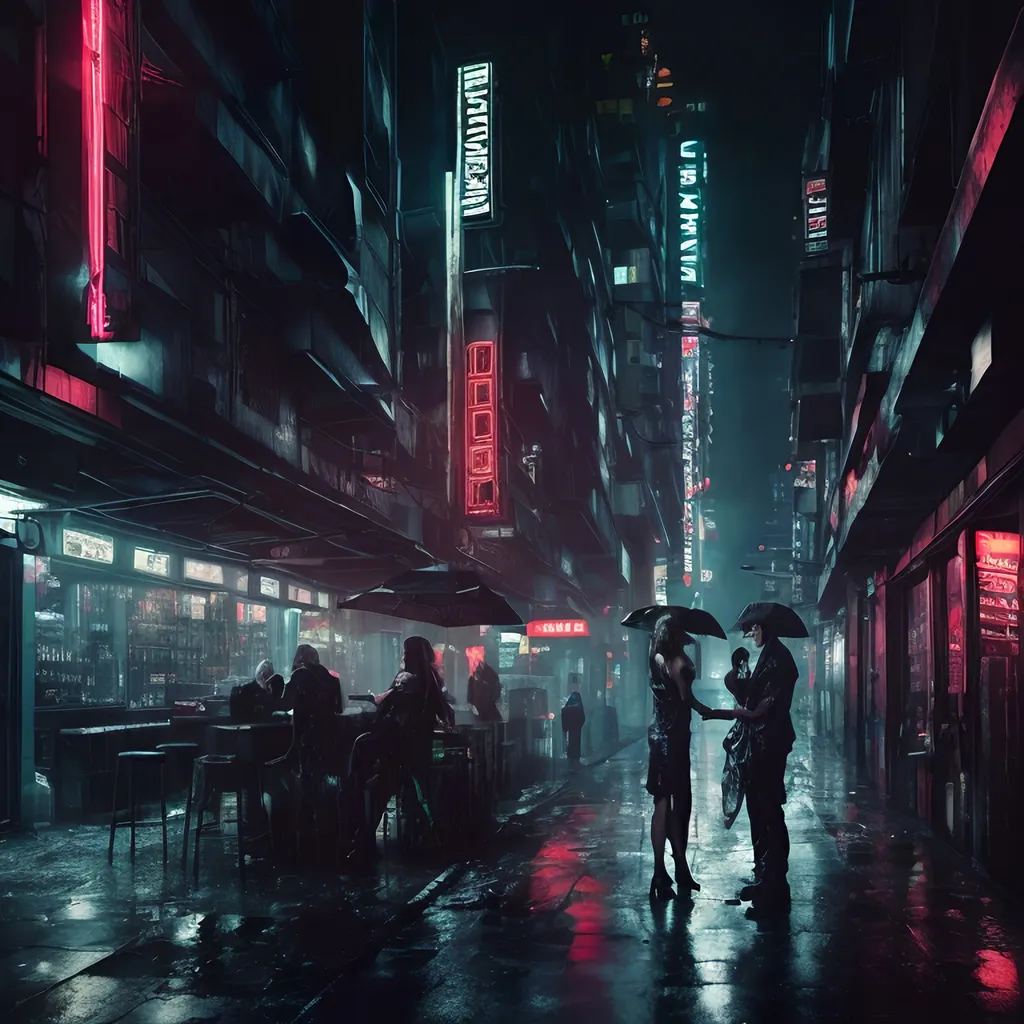 Prompt: Cyberpunk bar scene on a rainy night, futuristic style, intense atmosphere, high quality, highres, ultra-detailed, cyberpunk, rainy night, urban setting, bar, intense lighting, rainy atmosphere, futuristic, thugs, menacing, wide frame, man, woman, conversation, drinks, intense, dramatic, neon lights, dystopian, futuristic city, intense cyberpunk vibes, rainy urban setting, edgy, intense flirty conversation, intense  expression, high-tech, high contrast lighting,