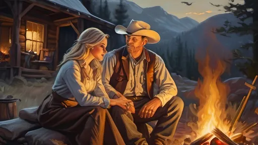 Prompt: Cowboy and wife by the wilderness campfire, journal writing, blonde petite wife cooking over open fire, rustic traditional setting, detailed facial features, realistic oil painting, starlit night, warm and cozy lighting, detailed clothing, rugged landscape, high quality, detailed, traditional, rustic, warm lighting, oil painting, starlit night, detailed facial features, cozy atmosphere