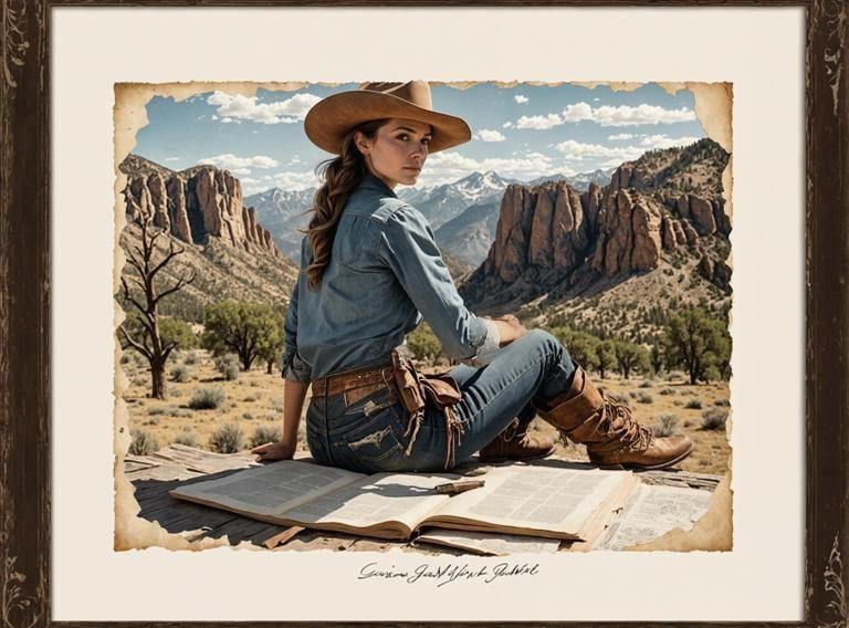 Prompt: extend cowgirls shirt tucked into jeans, blend with scene, blend with style, blend colours and shades
