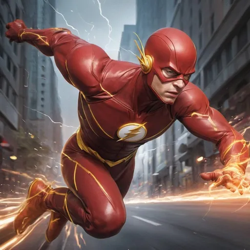 Prompt: “Generate an image of the Flash, DC Comics’ Scarlet Speedster, in a dynamic and electrifying scene. Depict the Flash racing through a bustling city street at superhuman speed, leaving behind streaks of lightning in his wake. His costume should be sleek and vibrant, with lightning bolt motifs that emphasize his incredible speed and agility. The background should be a blur of motion, with cars and pedestrians frozen in time as the Flash dashes past. Include dynamic lighting effects, such as crackling bolts of lightning and sparks of energy, to convey the electrifying nature of the Flash’s powers. His expression should be one of determination and focus, capturing the intensity of his heroic mission. The overall composition should evoke a sense of speed, excitement, and the thrill of adventure that defines the Flash’s exploits as the Fastest Man Alive.