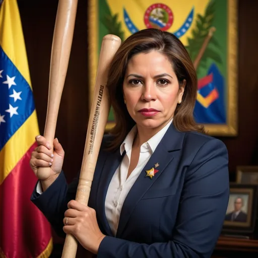 Prompt: Maria colina machado con un bate la presidente de venezuela
