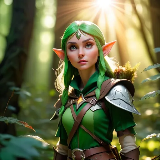 Prompt: Elf ranger in a mystical forest around sunlight