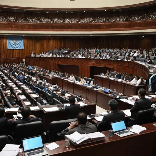 Prompt: Plano medio de una sesión en el Congreso de Guatemala, mostrando a los legisladores debatiendo y votando.
Anotación: "En 2022, aprueban ley que prohíbe gradualmente el unicel"
Inserto de texto: "Prohibición a productos de unicel de un solo uso desde 2024"

