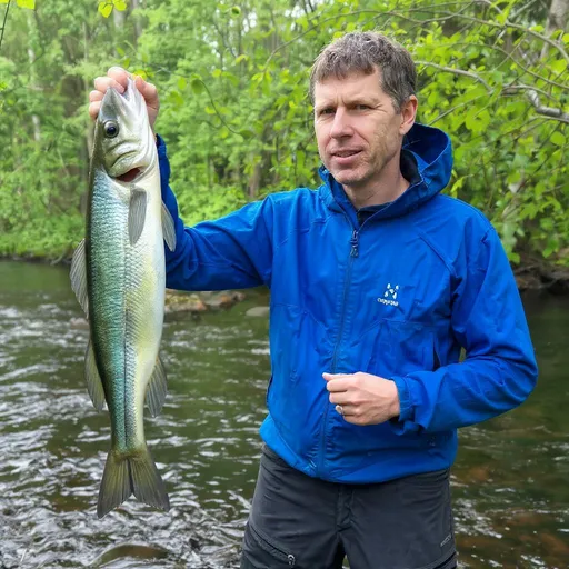 Prompt: In the picture I want a Swedish Harr so they holding it. The Harr fish should be att least 55cm long
