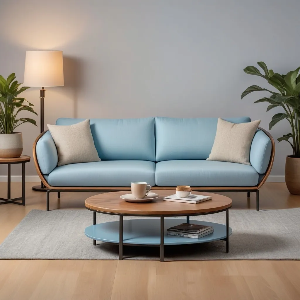 Prompt: "Generate an image of a wooden 3-seater sofa with light blue fabric upholstery. Place a rounded-top coffee table with a metal base and wooden top in front of the sofa. Arrange the scene with minimal decor and a neutral background, allowing the furniture pieces to stand out. Ensure the lighting enhances the wood grain and fabric texture."