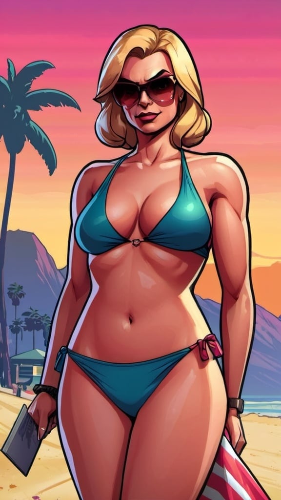 Prompt: GTA V cover art, woman on the beach at sunset, cartoon illustration