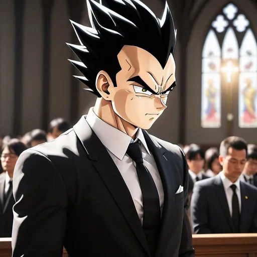 Prompt: Vegeta in suit mourning at Akira Toriyama's funeral, heavenly light, inside a church, side shot, anime style, blurry background, formal attire, mourning atmosphere, emotional expressions, heavenly glow, high quality, detailed art, funeral scene, atmospheric lighting, anime