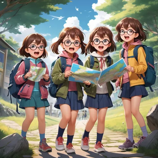 Prompt: A group of five anime-style children preparing for an adventure in a playful outdoor setting. 

1. Yuna: A cute girl with glasses and fair skin, holding a map with an excited expression. She is wearing a comfortable jacket and a small backpack.
2. Yena: A round-faced girl with straight bangs, holding a backpack filled with supplies, wearing a colorful adventure outfit.
3. Yunseo: A sporty girl tying her shoelaces, holding a compass, with a confident smile. She wears a tracksuit and hiking boots.
4. Dongha: A strong boy with a sturdy build, holding a walking stick and wearing a hat. His backpack is slightly bigger than the others.
5. Seojun: A smart, skinny boy with glasses, checking a notebook and carrying a small satchel. He has a thoughtful expression.

The children are surrounded by nature, with mountains and trees in the background, preparing for their adventure. The mood is playful and exciting. The characters are dressed in adventure gear, including hats, jackets, and boots. The art style is anime, colorful, and cartoonish.
