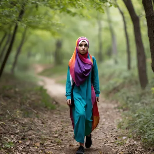 Prompt: Teenage Palestinian Girl weaing a colorful hijab walking down a path in the woods