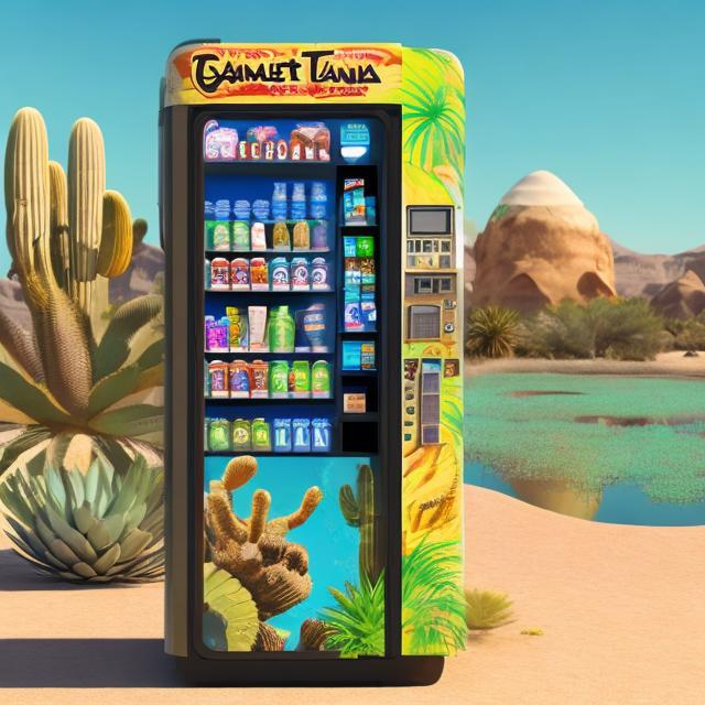 Prompt:  Vending machine in a desert with a pond and palm trees. Have the machine say "snack oasis" on it in clear font.3D
