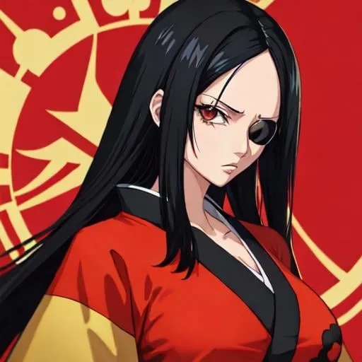 Prompt: One Piece style, woman wearing eyepatch, long black hair, kimono, best quality, UHD, beautiful, attractive, detailed clothing, anime style, vibrant colors