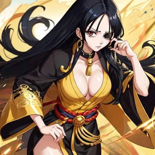 Prompt: One Piece style, woman wearing eyepatch, long black hair, gold kimono, best quality, UHD, beautiful, attractive, detailed clothing, anime style, vibrant colors