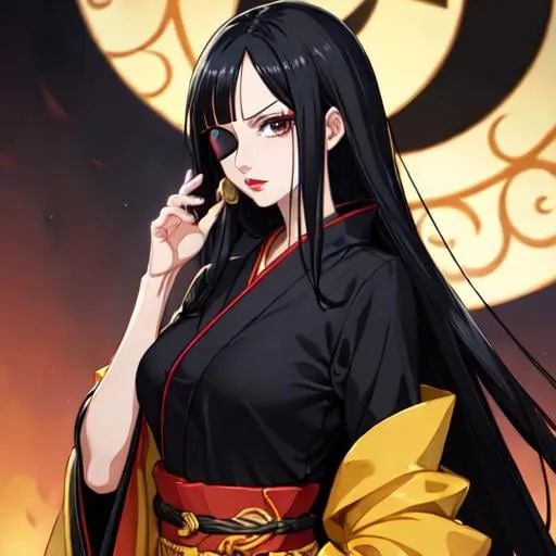 Prompt: One Piece style, woman wearing eyepatch, long black hair, kimono, best quality, UHD, beautiful, attractive, detailed clothing, anime style, vibrant colors, lipstick 