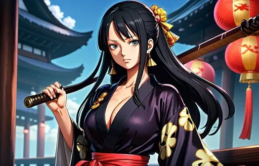 Prompt: One Piece pirate woman, long black hair, eyepatch, elegant kimono, best quality, UHD, high quality, beautiful, detailed clothing, anime style, vibrant colors, dramatic lighting