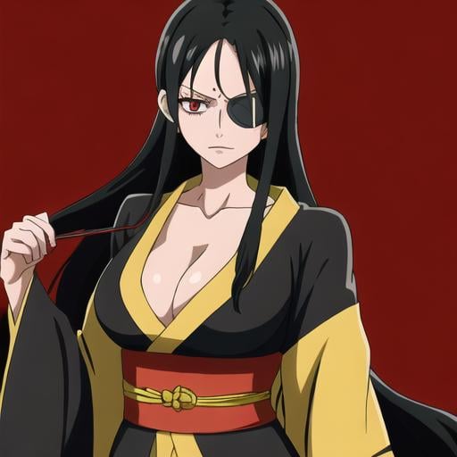 Prompt: One Piece pirate woman, long black hair, kimono, best quality, UHD, high quality, wearing eye patch, beautiful