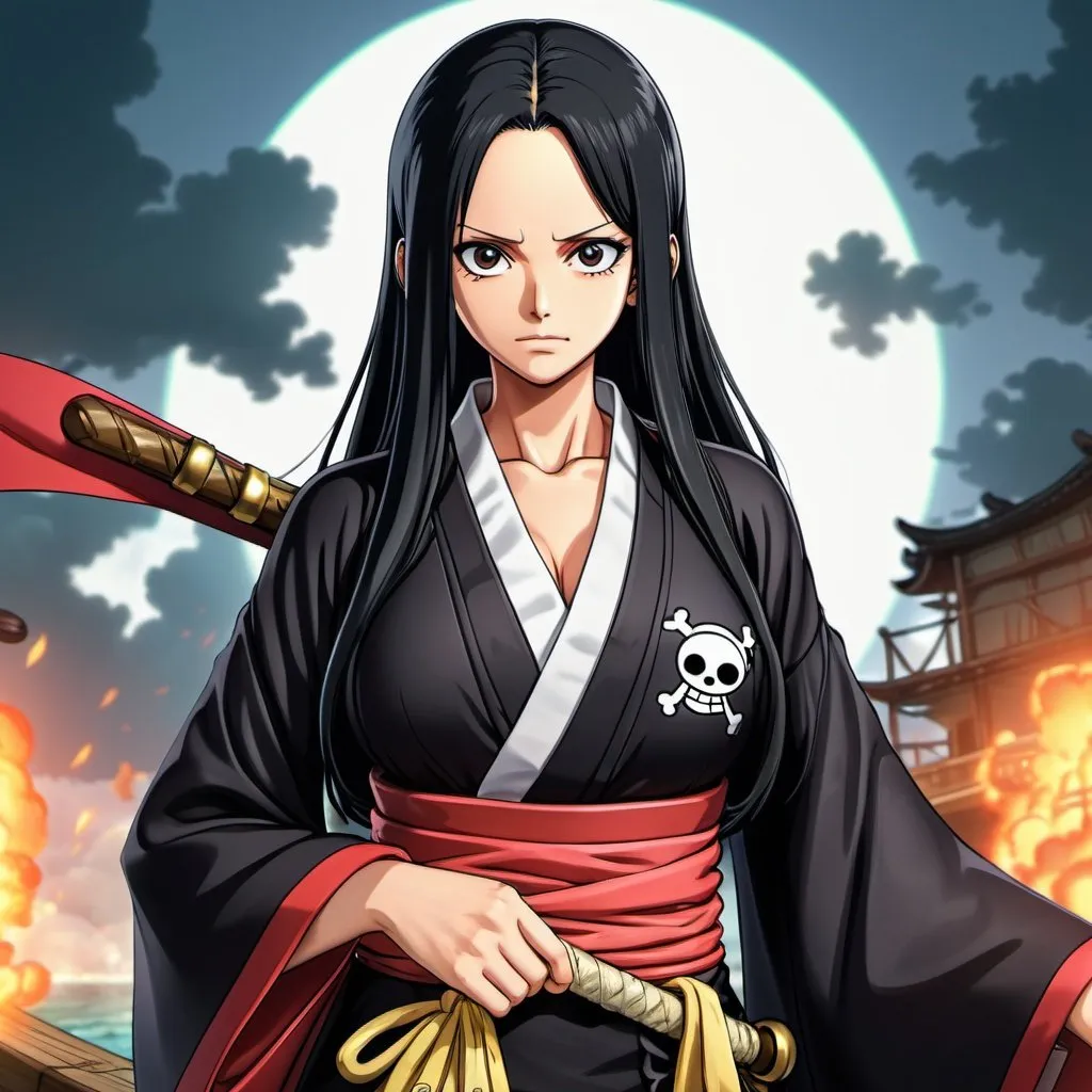 Prompt: One Piece pirate woman wearing eyepatch, long black hair, kimono, best quality, UHD, high quality, beautiful