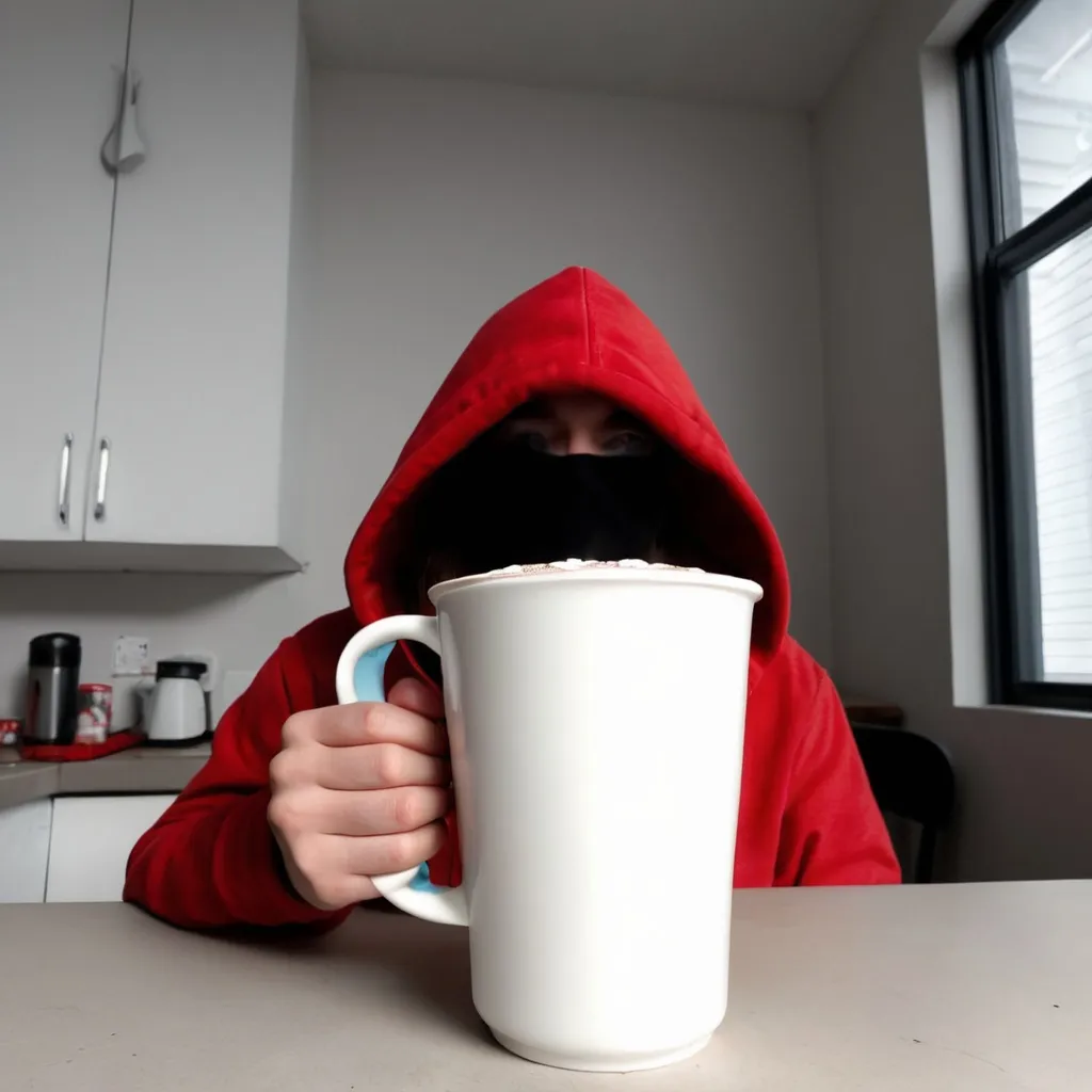 Prompt: among us impostor drinking hot chocolate in a blank room