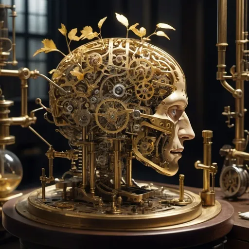 Prompt: "An intricately detailed mechanical being with a clockwork body, sitting at a well-lit workstation. The being has its head open, revealing delicate gold leaves and intricate mechanisms inside its brain. The being carefully examines the gold leaves with a set of precise tools, surrounded by scientific instruments and notes. The scene is filled with an atmosphere of curiosity and introspection, highlighting the intricate beauty and fragility of the mechanical brain."