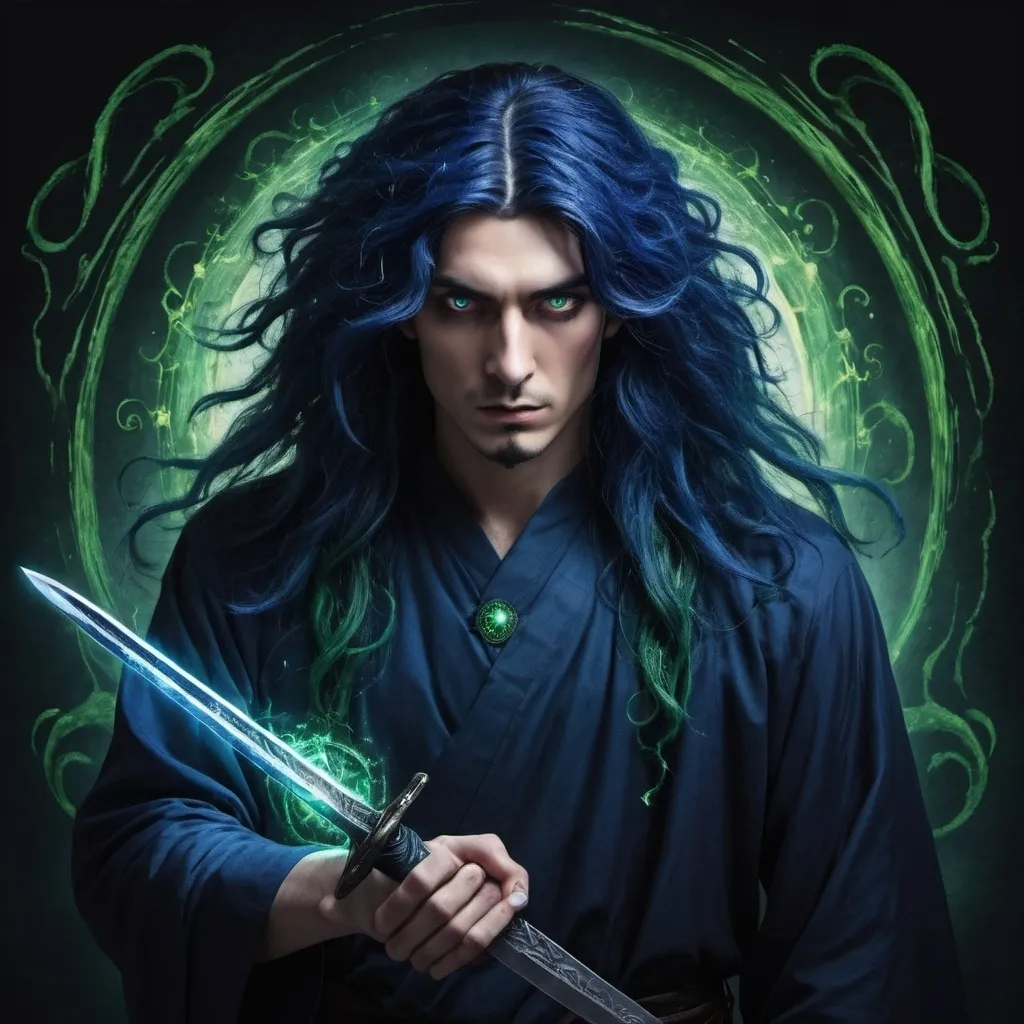 Prompt: create an image of a man with dark blue hair. His left eye is dark blue, his right eye is dark green. He should be completely enveloped in darkness and dark energy. He holds a sword made of darkness. Tendrils of dark energy emanate from it.