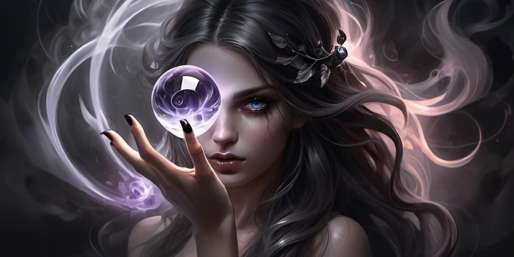 Prompt: Fantasy art. A long-haired girl with a dark rose in her hair. A crystal sphere in her hand. Swirling dark black smoke inside the sphere.