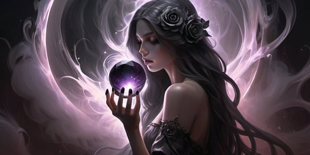 Prompt: Fantasy art. A long-haired girl with a dark rose in her hair. A crystal sphere in her hand. Swirling dark black smoke inside the sphere.