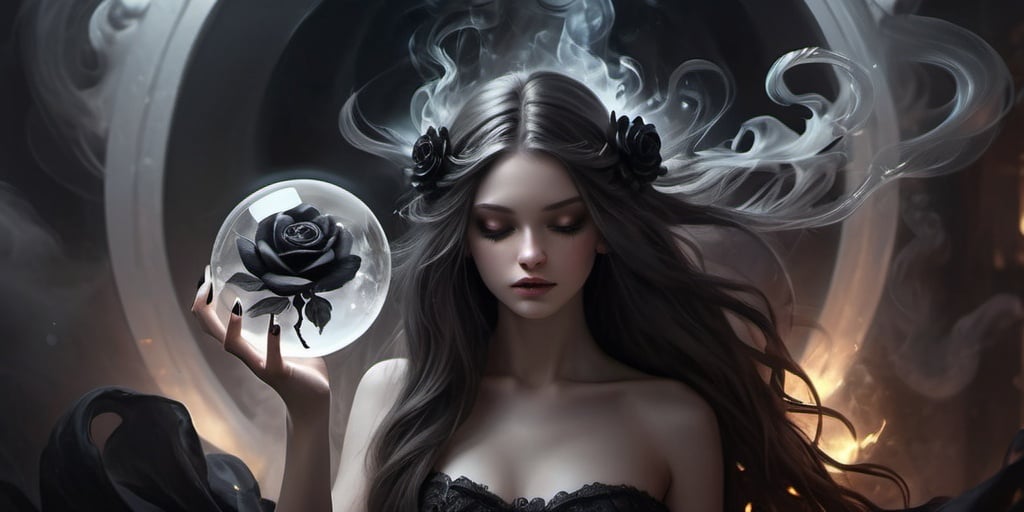 Prompt: Fantasy art. A long-haired girl with a black rose in her hair. A crystal sphere in her hand. Swirling dark black smoke inside the sphere.