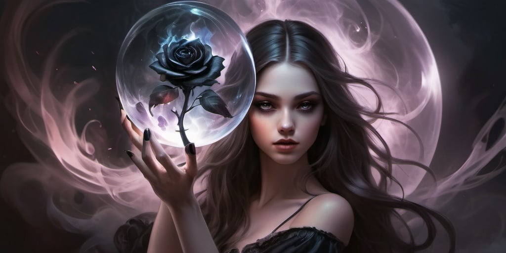 Prompt: Fantasy art. A long-haired girl with a dark rose in her hair. A crystal sphere in her hand. Swirling dark black smoke inside the sphere.