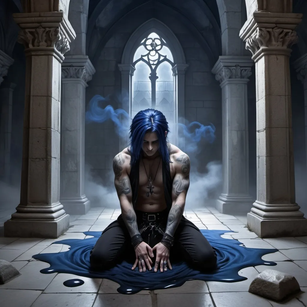 Prompt: Fantasy art. A goth man with dark blue hairs is on his knees on the floor of a crypt. From his body, many steam black clouds are released.