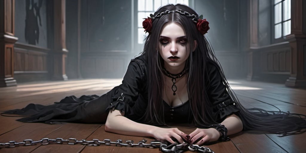 Prompt: Fantasy art. A long-haired goth girl is chained on the floor of an empty room. A dark rose in her hair.