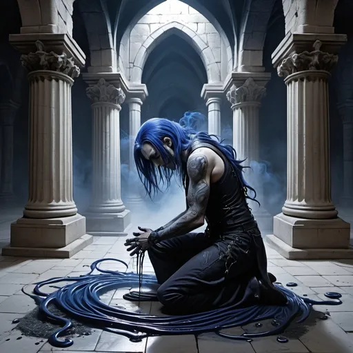 Prompt: Fantasy art. A goth man with dark blue hairs is on his knees on the floor of a crypt. Many dark rivulets of vapour rise from his body. 