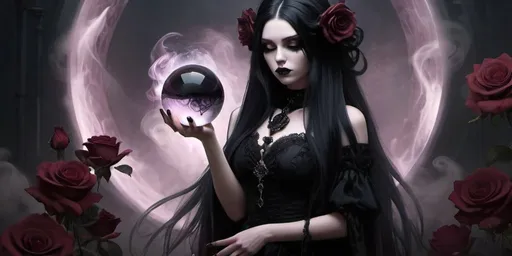 Prompt: Fantasy art. A long-haired goth girl with a dark rose in her hair. A crystal sphere in her hand. Swirling dark black smoke inside the sphere.